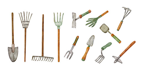 Garden tools for digging and loosening the soil. Hand painted watercolor illustration of shovels, rakes and  hoes on white background.