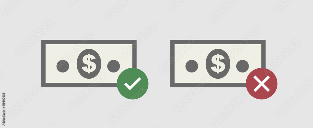 Poster successful payment and failure. green check mark acceptance of funds and red cross mark errors.