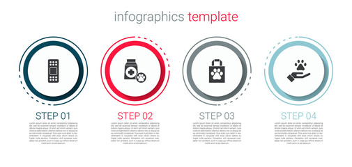 Set Bandage plaster, Bag of food, Shopping bag pet and Hands with animals footprint. Business infographic template. Vector.