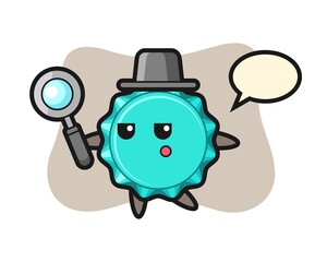 bottle cap cartoon character searching with a magnifying glass