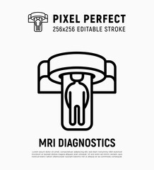 Human in MRI scanner thin line icon. Medical equipment for oncology detection. Pixel perfect, editable stroke. Vector illustration.