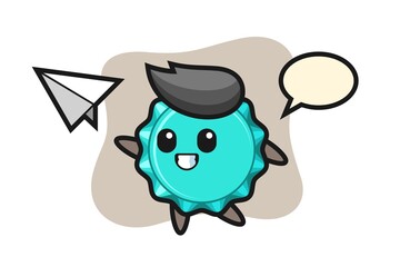 bottle cap cartoon character throwing paper airplane