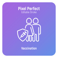 Coronavirus vaccination. Virus protection: family is protected by shield with vaccine. Immune system. Thin line icon. Pixel perfect, editable stroke. Vector illustration.