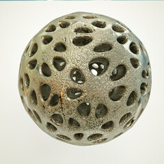 uneven metal openwork sphere with texture on a white background. 3d render illustration