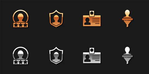Set Create account screen, User protection, Identification badge and Head hunting icon. Vector.