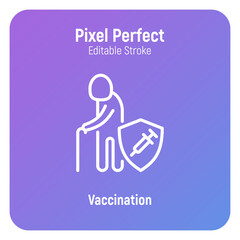 Coronavirus vaccination. Virus protection: elderly man is protected by shield with vaccine. Immune system, antibiotics. Thin line icon. Pixel perfect, editable stroke. Vector illustration.