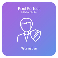 Coronavirus vaccination. Virus protection: man is protected by shield with vaccine. Immune system. Thin line icon. Pixel perfect, editable stroke. Vector illustration.