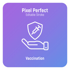 Coronavirus vaccination. Virus protection: human hand is holding shield with syringe. Immune system. Thin line icon. Pixel perfect, editable stroke. vector illustration.