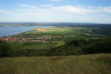 Fototapeta na wymiar Palava Hill aerial view of Nove Mlyny dam and vineyards, Pavlov, Czech Republic