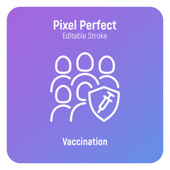 Massive coronavirus vaccination. Virus protection: group of people is protected by shield with vaccine. Immune system. Thin line icon. Pixel perfect, editable stroke. Vector illustration.