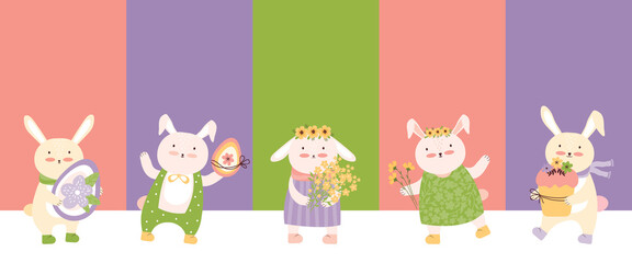Happy Easter. Horizontal holiday banner. Cute rabbits and hares with Easter eggs, a cake and a bouquet of flowers on a colorful background. Hand drawn vector illustration. Spring Festival.