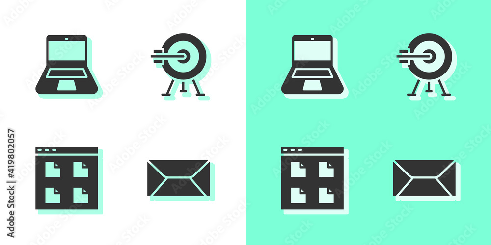 Poster set envelope, laptop, browser files and target with arrow icon. vector.