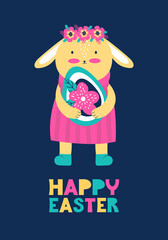 Happy Easter greeting card or poster. A cute baby bunny holds an Easter egg in its paws. Cartoon character funny girl rabbit. Spring festival vertical banner with text. Hand drawn vector illustration.