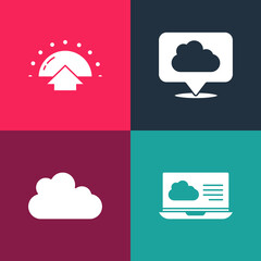 Set pop art Weather forecast, Cloud, Location cloud and Sunrise icon. Vector.