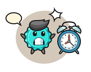 Cartoon Illustration of bottle cap is surprised with a giant alarm clock