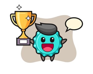 Cartoon Illustration of bottle cap is happy holding up the golden trophy