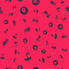 Set Umbrella, British breakfast, London mail box and Golf club with ball tee on seamless pattern. Vector.