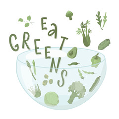 Eat greens sign with green vegetables boho colors. Handwritten lettering fresh font for print, packaging design, window sticker shop, poster. Vector stock illustration isolated on white background.EPS