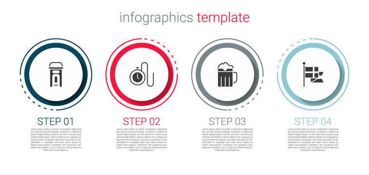 Set London phone booth, Watch with a chain, Wooden beer mug and England flag flagpole. Business infographic template. Vector.