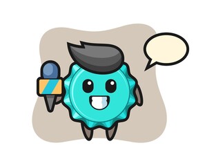 Character mascot of bottle cap as a news reporter