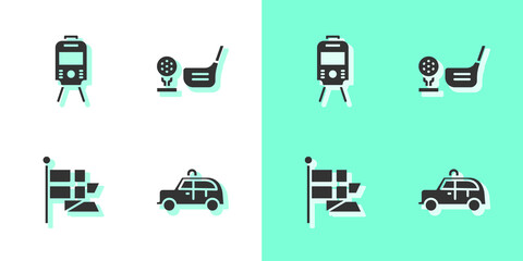 Set Taxi car, Tram and railway, England flag on flagpole and Golf club with ball tee icon. Vector.