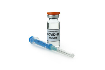 Vial of Covid - 19 vaccine and syringe isolated on white background