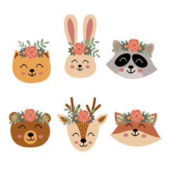 set of isolated cute animal faces with flowers