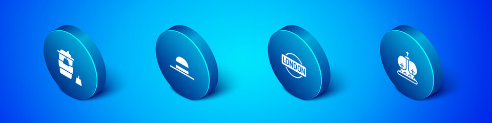 Set Isometric Coffee cup to go, London sign, British crown and Elegant women hat icon. Vector.