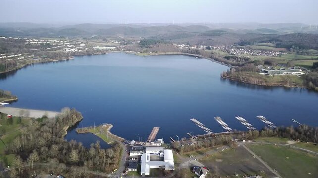 Aerial footage over the Bostalsee lake in Germany