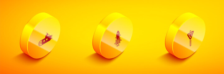 Set Isometric Submarine, Rocket ship with fire and Road traffic signpost icon. Vector.