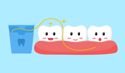 Fototapeta premium Clean your teeth regularly with dental floss concept. Smiling teeth cartoon clean by floss in flat design. Dental care. Oral healthcare.