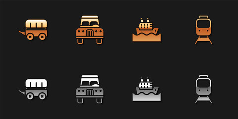 Set Wild west covered wagon, Car, Cruise ship and Train and railway icon. Vector.