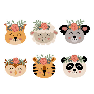 set of isolated cute animal faces with flowers 2