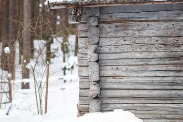 Old traditional wooden building structures in Latvia. Log house type of building. Corner of a house
