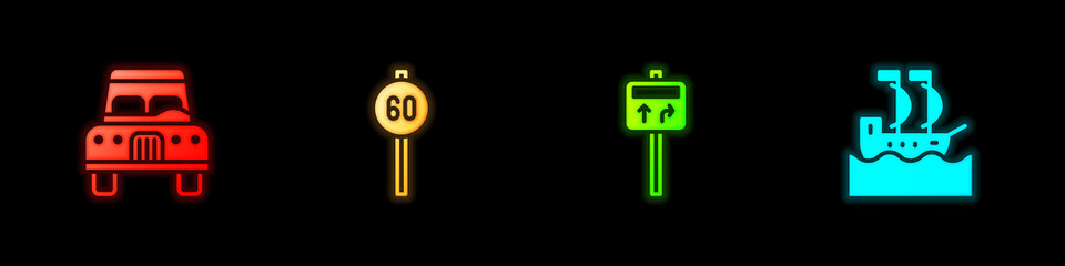 Set Car, Speed limit traffic, Road signpost and Sailboat icon. Vector.