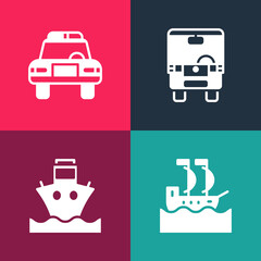 Set pop art Sailboat, Cargo ship, Bus and Police car and flasher icon. Vector.