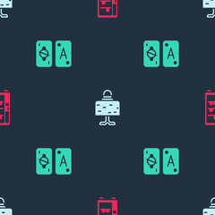 Set Vending machine, Magic ball on table and Tarot cards on seamless pattern. Vector.