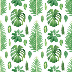 Seamless tropical green pattern. Watercolor botanical illustration with monstera, palm, banana, leaves for textile and decor
