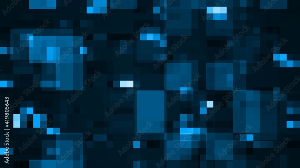 Poster abstract graphic background of blurred blue blocks in many different sizes on black background - 3d 
