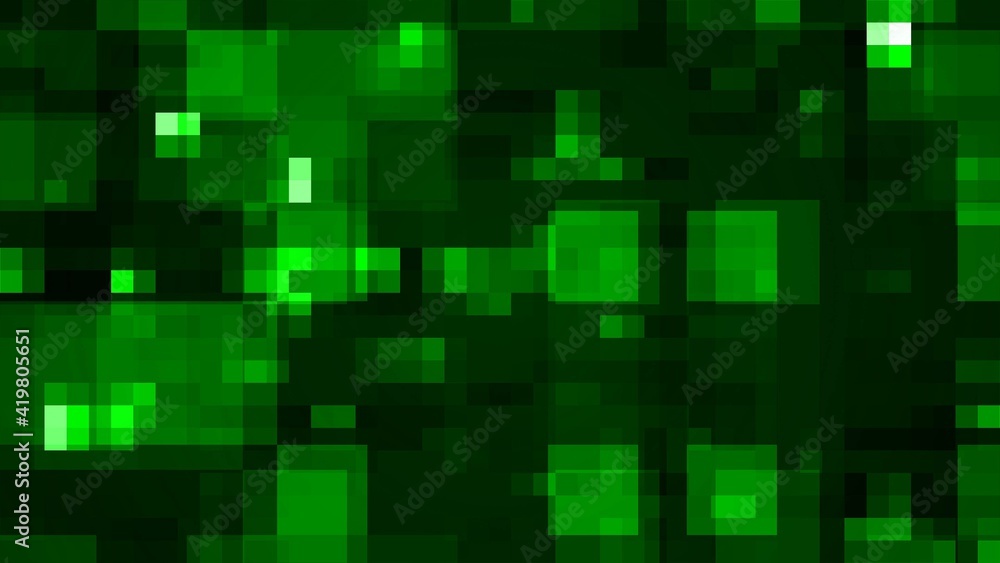 Poster abstract graphic background of blurred green blocks in many different sizes on black background - 3d