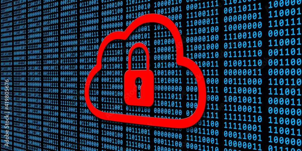 Poster data security concept - red closed padlock in a cloud over blue binary code on black background - 3d