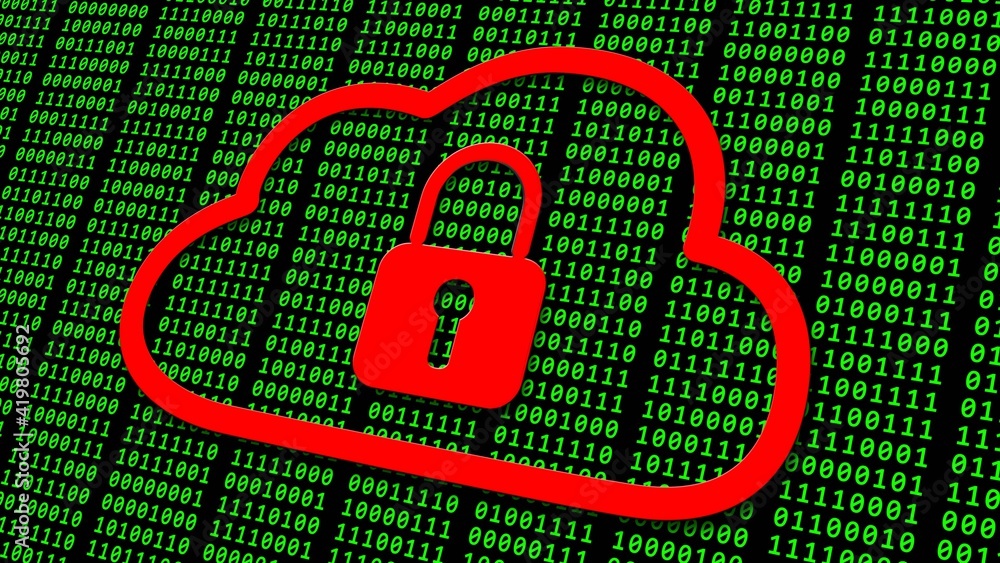 Poster data security concept - red closed padlock in a cloud over green binary code on black background - 3