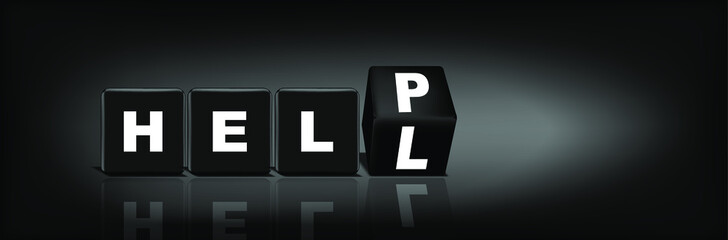 Black cubes with turning the word HELL into HELP. 3d vector illustration