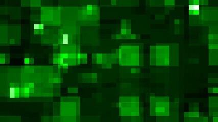 Abstract graphic background of blurred green blocks in many different sizes on black background - 3D Illustration