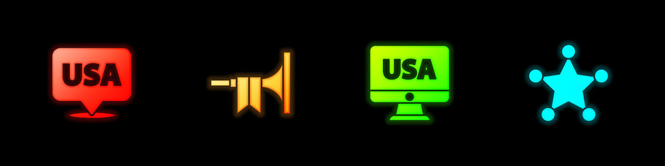 Set USA Independence day, Trumpet, on monitor and Hexagram sheriff icon. Vector.