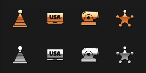 Set Party hat, USA on laptop, Cannon and Hexagram sheriff icon. Vector.