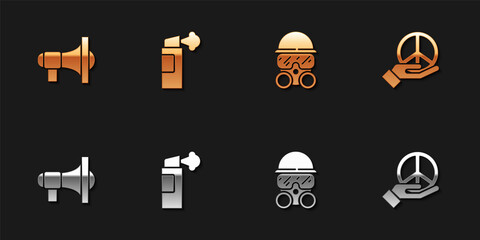 Set Megaphone, Pepper spray, Gas mask and Peace icon. Vector.