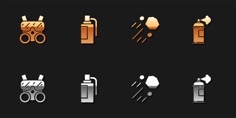 Set Gas mask, Hand grenade, Flying stone and Paint spray can icon. Vector.