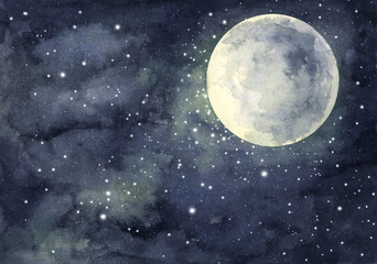 Watercolor painting of night sky with full moon and shining stars.