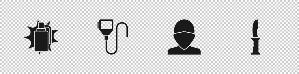 Set Hand grenade, Walkie talkie, Vandal and Military knife icon. Vector.